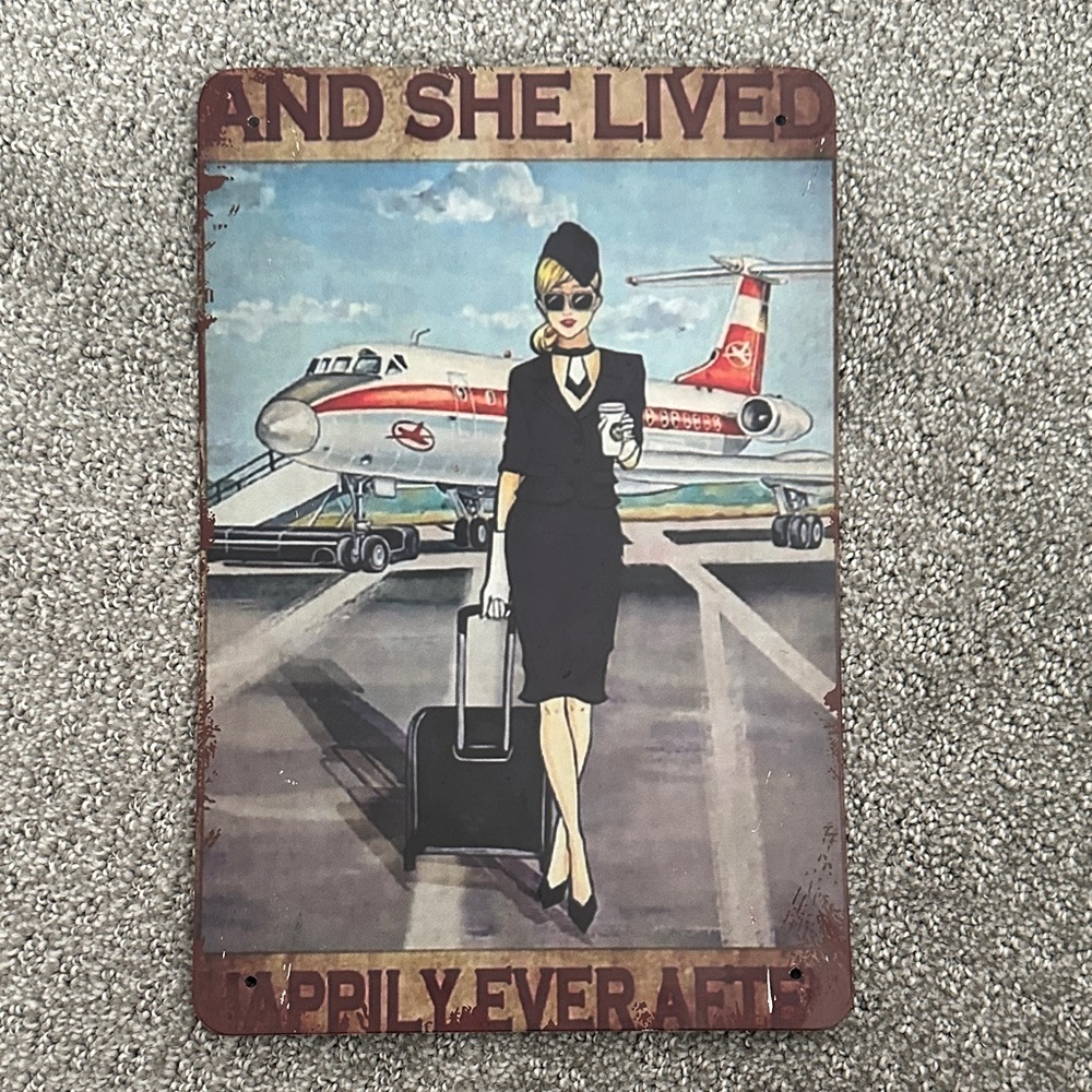 Vintage Airplane Stewardess Metal Wall Sign